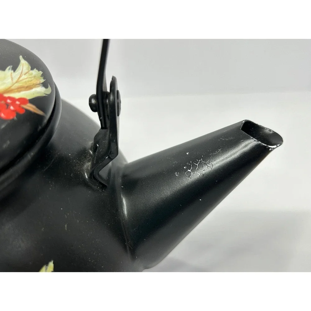 Hand Painted Matte‎ Black Tea Kettle Bird and Red Berries Decorative Farmhouse